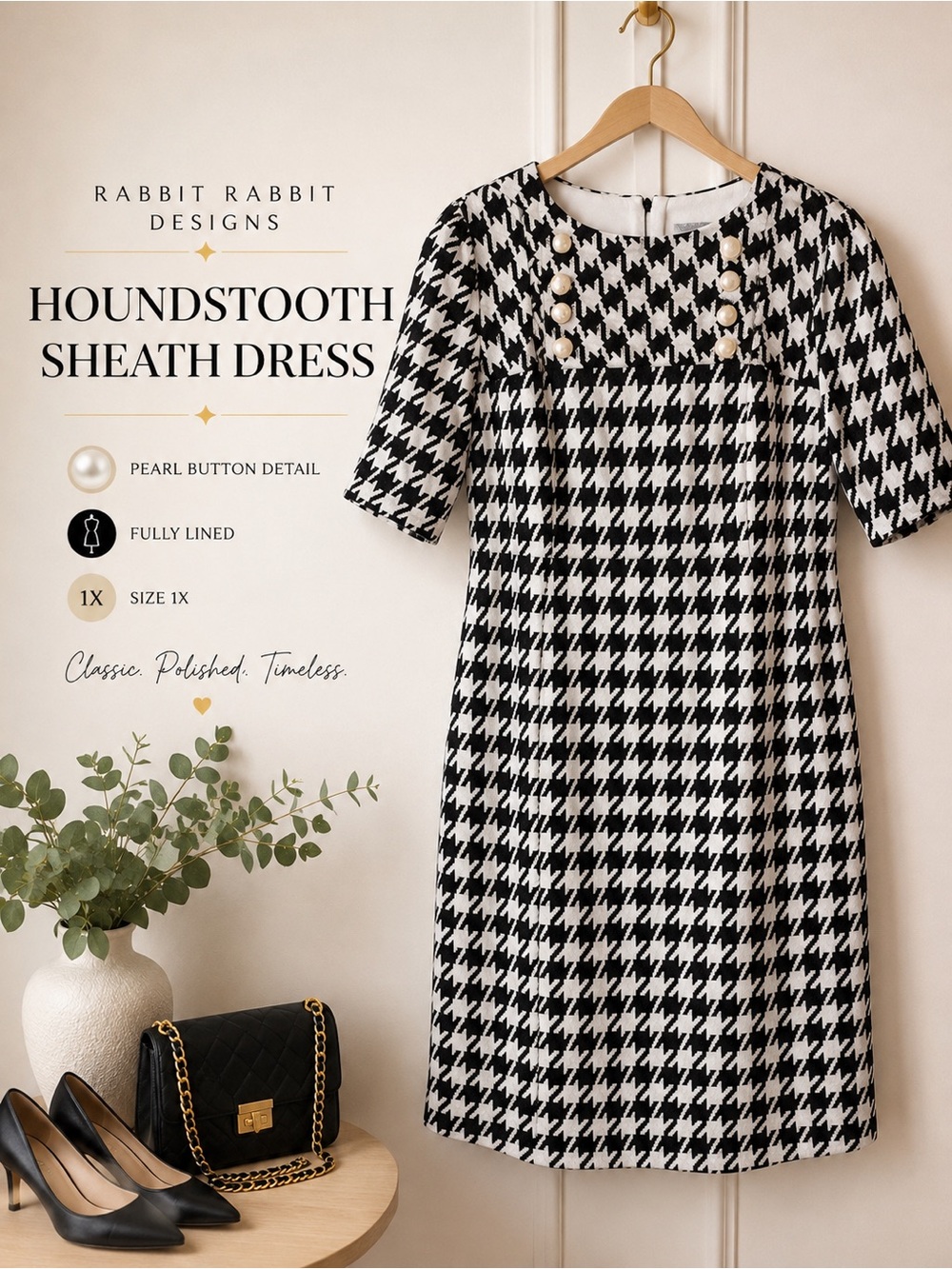 Rabbit Designs Black White Houndstooth Sheath Dress 1X Pearl Buttons